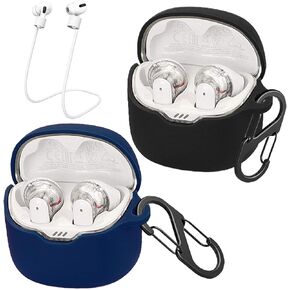 [2 Pack] easyBee Case Compatible with JBL Tune Flex Bluetooth Headphone Charging Cover, with 2 Keychain and 2 Anti-Lost Strap, Soft Liquid Silicone Ultra Thin Shockproof Protective Kit - Black Blue