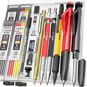 Nicpro 17 Pack Carpenter Pencil Set with Sharpener, Mechanical Carpenter Pencils with 57 Refill, Automatic Center Puncha and Carbide Scribe Tool, Heavy Duty Construction Pencil for Architect-With Case