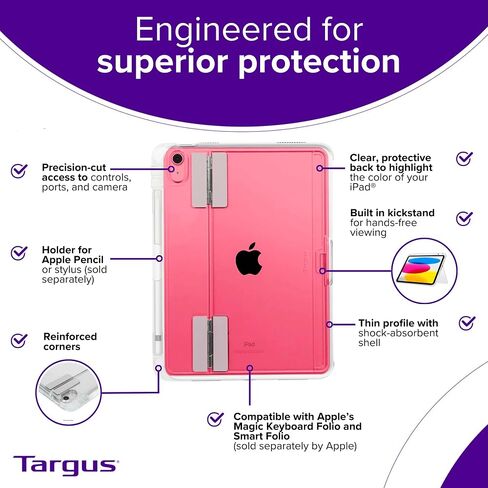 Targus Click-in Clear Case and Kickstand for 10.9" iPad (10th gen.), Clear - Military-Grade Shock Absorbent Protective Case with Hands-Free Viewing (THD927GL) in Saudi Arabia