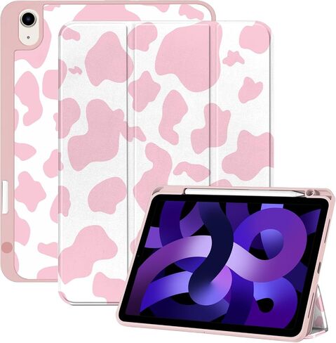 متوافق مع حافظة iPad Air 11 بوصة 2024 الجيل الخامس/الرابع 10.9 بوصة (2022/2020) مع حامل قلم رصاص، جراب خلفي من مادة TPU غطاء للنوم/الاستيقاظ التلقائي للنساء والفتيات - نمط بقرة وردي غربي in Kuwait