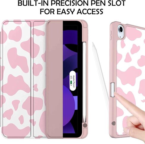 متوافق مع حافظة iPad Air 11 بوصة 2024 الجيل الخامس/الرابع 10.9 بوصة (2022/2020) مع حامل قلم رصاص، جراب خلفي من مادة TPU غطاء للنوم/الاستيقاظ التلقائي للنساء والفتيات - نمط بقرة وردي غربي in Kuwait