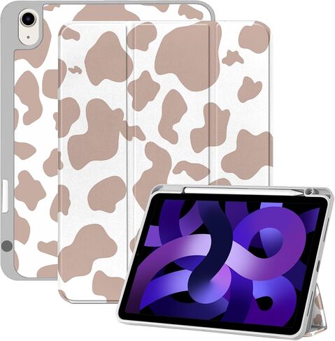 متوافق مع حافظة iPad Air 11 بوصة 2024 الجيل الخامس/الرابع 10.9 بوصة (2022/2020) مع حامل قلم رصاص، جراب خلفي من مادة TPU غطاء للنوم/الاستيقاظ التلقائي للنساء والفتيات - نمط بقرة وردي غربي in Kuwait