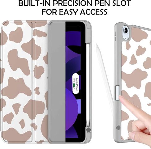 متوافق مع حافظة iPad Air 11 بوصة 2024 الجيل الخامس/الرابع 10.9 بوصة (2022/2020) مع حامل قلم رصاص، جراب خلفي من مادة TPU غطاء للنوم/الاستيقاظ التلقائي للنساء والفتيات - نمط بقرة وردي غربي in Kuwait