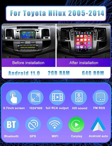 2G+64G لسيارة Toyota Hilux 2005-2014 ستيريو السيارة، Carplay Android Auto MirrorLink، Podofo 9.7 بوصة HD IPS تعمل باللمس راديو السيارة Android مع GPS Bluetooth WiFi HiFi Audio 16EQ كاميرا احتياطية FM in Saudi Arabia
