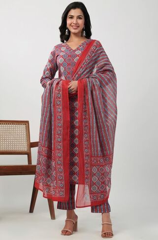 Janasya Indian Women's Blue Velvet Kurta With Palazzo and Dupatta in Saudi Arabia