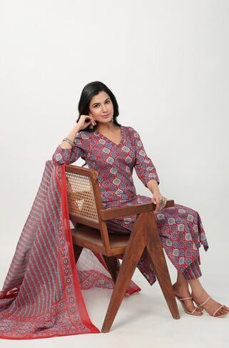 Janasya Indian Women's Blue Velvet Kurta With Palazzo and Dupatta in Saudi Arabia