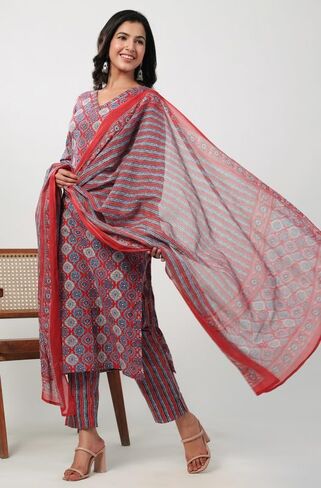 Janasya Indian Women's Blue Velvet Kurta With Palazzo and Dupatta in Saudi Arabia