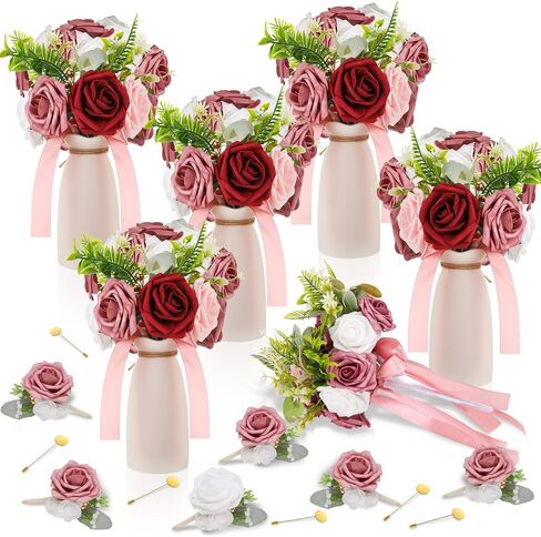 12 Pcs Bridesmaid Bouquets and Bridegroom Groomsmen Boutonniere Set Artificial Bouquets Flowers Wedding Boutonniere for Wedding Ceremony Anniversary Formal Dinners Vintage Country Wedding (Dusty Rose) in Saudi Arabia