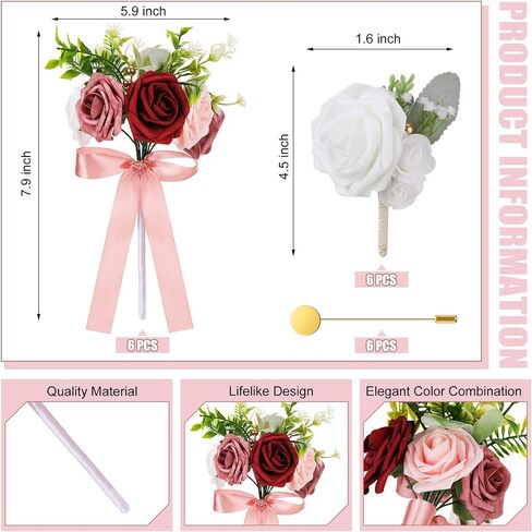 12 Pcs Bridesmaid Bouquets and Bridegroom Groomsmen Boutonniere Set Artificial Bouquets Flowers Wedding Boutonniere for Wedding Ceremony Anniversary Formal Dinners Vintage Country Wedding (Dusty Rose) in Saudi Arabia