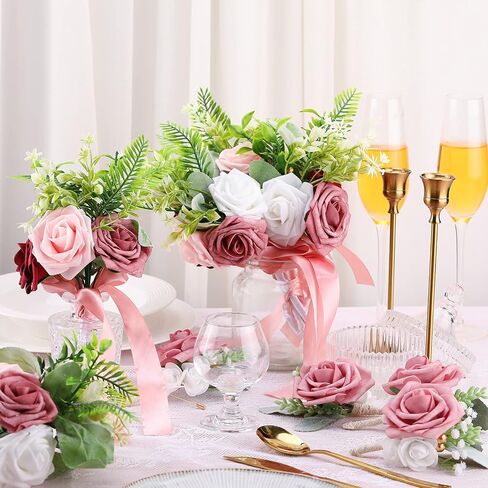 12 Pcs Bridesmaid Bouquets and Bridegroom Groomsmen Boutonniere Set Artificial Bouquets Flowers Wedding Boutonniere for Wedding Ceremony Anniversary Formal Dinners Vintage Country Wedding (Dusty Rose) in Saudi Arabia