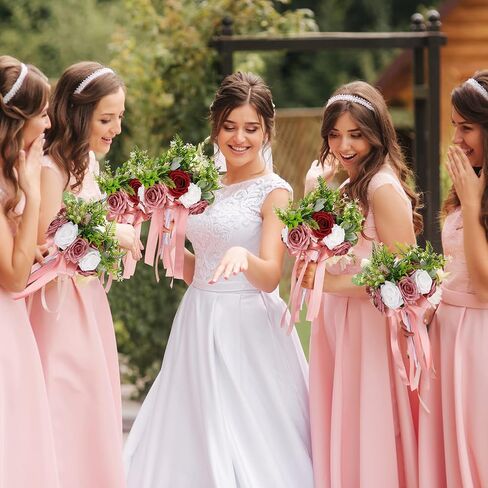 12 Pcs Bridesmaid Bouquets and Bridegroom Groomsmen Boutonniere Set Artificial Bouquets Flowers Wedding Boutonniere for Wedding Ceremony Anniversary Formal Dinners Vintage Country Wedding (Dusty Rose) in Saudi Arabia