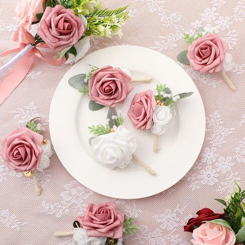 12 Pcs Bridesmaid Bouquets and Bridegroom Groomsmen Boutonniere Set Artificial Bouquets Flowers Wedding Boutonniere for Wedding Ceremony Anniversary Formal Dinners Vintage Country Wedding (Dusty Rose) in Saudi Arabia