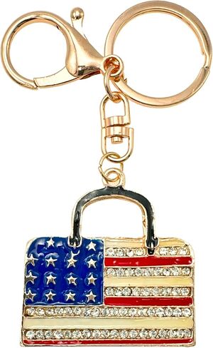 American Flag Keychain - Red White & Blue, Clear Rhinestones - Drawstring Bag, 4.4" Long in Kuwait