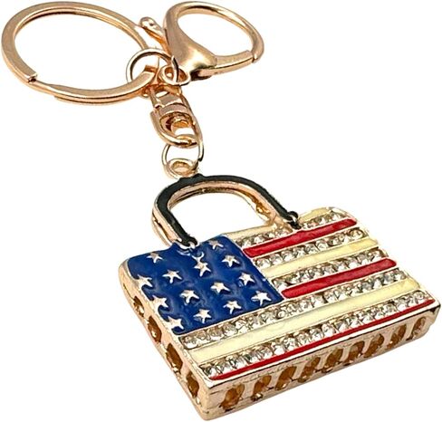 American Flag Keychain - Red White & Blue, Clear Rhinestones - Drawstring Bag, 4.4" Long in Kuwait