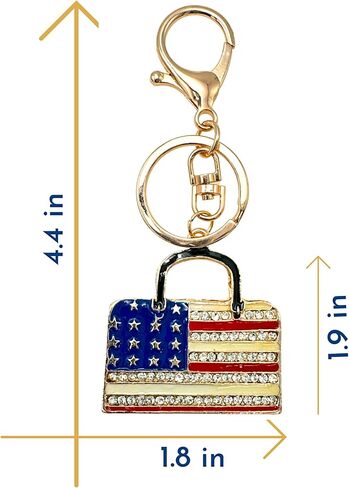 American Flag Keychain - Red White & Blue, Clear Rhinestones - Drawstring Bag, 4.4" Long in Kuwait