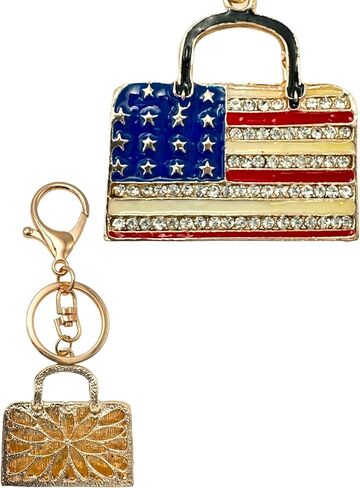 American Flag Keychain - Red White & Blue, Clear Rhinestones - Drawstring Bag, 4.4" Long in Kuwait
