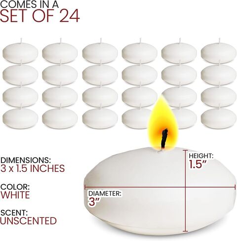24 Count 3" Inch Floating Candles Bulk Set with 10 Hour Burn Time, Unscented White Floating Candles for Centerpieces in Cylinder Vases at a Wedding, Party, Pool, or Holiday, Large Floating Candles in Saudi Arabia