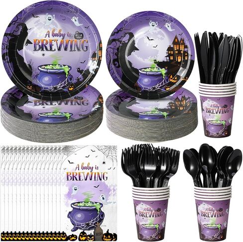 Halloween Baby Shower Party Supplies Decorations, Baby Brewing Baby Shower Plates and Napkins Set, Disposable Paper Plates Napkins Cups Tableware for Halloween Gender Reveal Party Decorations, Serve25 in Saudi Arabia