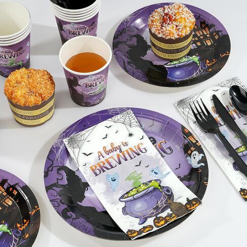 Halloween Baby Shower Party Supplies Decorations, Baby Brewing Baby Shower Plates and Napkins Set, Disposable Paper Plates Napkins Cups Tableware for Halloween Gender Reveal Party Decorations, Serve25 in Saudi Arabia