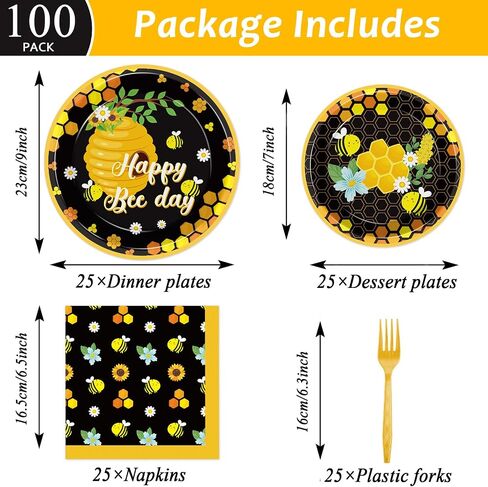 100Pcs Bumble Bee Party Decorations Happy Bee Day Paper Plates Napkins Honey Bee Tableware Set for Girls Boys Bee Birthday Party Supplies Gender Reveal Baby Shower Dinnerware Favors Serve 25 in Saudi Arabia