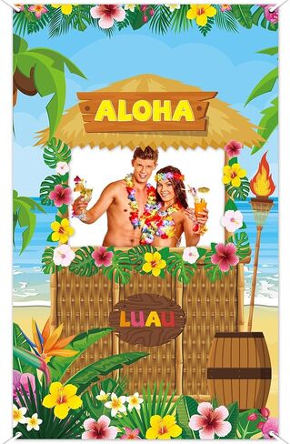 Tiki Bar Photo Door Banner Tiki Luau Photo Props for Hawaiian Aloha Party قماش عملاق Tiki Bar Photo Booth الخلفية Aloha Tiki Photo Banner لحفلة Luau أو لوازم حفلات الشاطئ in Kuwait