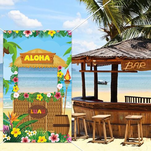 Tiki Bar Photo Door Banner Tiki Luau Photo Props for Hawaiian Aloha Party قماش عملاق Tiki Bar Photo Booth الخلفية Aloha Tiki Photo Banner لحفلة Luau أو لوازم حفلات الشاطئ in Kuwait