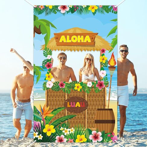 Tiki Bar Photo Door Banner Tiki Luau Photo Props for Hawaiian Aloha Party قماش عملاق Tiki Bar Photo Booth الخلفية Aloha Tiki Photo Banner لحفلة Luau أو لوازم حفلات الشاطئ in Kuwait