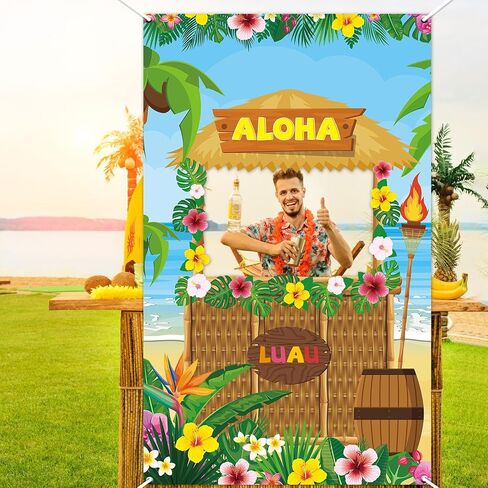 Tiki Bar Photo Door Banner Tiki Luau Photo Props for Hawaiian Aloha Party قماش عملاق Tiki Bar Photo Booth الخلفية Aloha Tiki Photo Banner لحفلة Luau أو لوازم حفلات الشاطئ in Kuwait