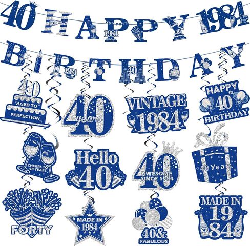 Navy Blue 16th Birthday Decorations for Boys Girls Blue Silver Happy 16th Birthday Banner and 12Pcs Blue 16th Birthday Hanging Swirls Vintage 2008 16th Birthday Decoration Banner Supplies in Saudi Arabia