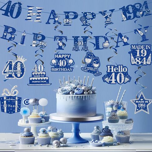 Navy Blue 16th Birthday Decorations for Boys Girls Blue Silver Happy 16th Birthday Banner and 12Pcs Blue 16th Birthday Hanging Swirls Vintage 2008 16th Birthday Decoration Banner Supplies in Saudi Arabia