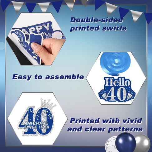 Navy Blue 16th Birthday Decorations for Boys Girls Blue Silver Happy 16th Birthday Banner and 12Pcs Blue 16th Birthday Hanging Swirls Vintage 2008 16th Birthday Decoration Banner Supplies in Saudi Arabia