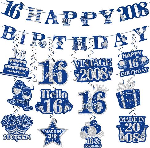 Navy Blue 16th Birthday Decorations for Boys Girls Blue Silver Happy 16th Birthday Banner and 12Pcs Blue 16th Birthday Hanging Swirls Vintage 2008 16th Birthday Decoration Banner Supplies in Saudi Arabia