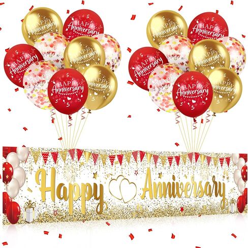 الذهب الأحمر الذكرى السنوية حزب الزينة سعيد الذكرى راية ساحة علامة مع 18pcs 12 بوصة الذهب الأحمر سعيد الذكرى السنوية بالونات اللاتكس لحفل الزفاف الذكرى لوازم ديكور داخلي في الهواء الطلق in Saudi Arabia