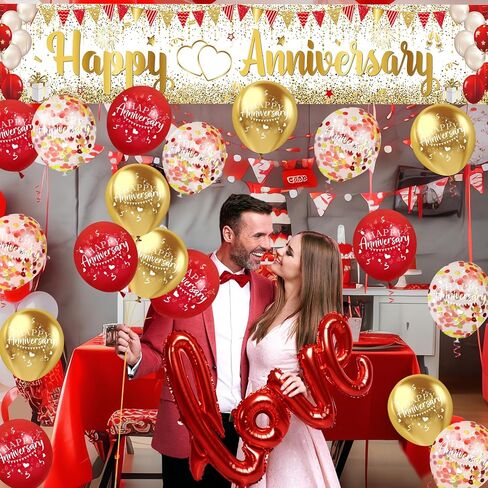 الذهب الأحمر الذكرى السنوية حزب الزينة سعيد الذكرى راية ساحة علامة مع 18pcs 12 بوصة الذهب الأحمر سعيد الذكرى السنوية بالونات اللاتكس لحفل الزفاف الذكرى لوازم ديكور داخلي في الهواء الطلق in Saudi Arabia