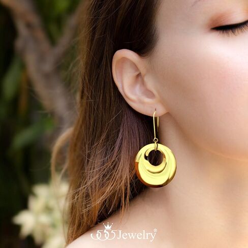 555Jewelry أقراط متدلية من الفولاذ المقاوم للصدأ على شكل قرص مستدير للنساء in Kuwait