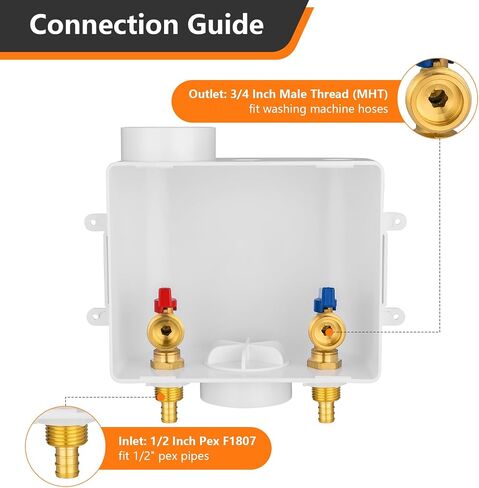 Washing Machine Outlet Box, 1/2 Inch Crimp Pex Inlet x 3/4 Inch MHT Outlet Connection, Pex Washer Laundry Box with Center Drain in Saudi Arabia