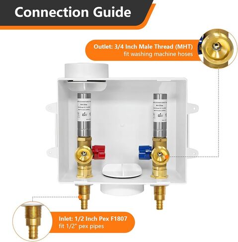 Washing Machine Outlet Box, 1/2 Inch Crimp Pex Inlet x 3/4 Inch MHT Outlet Connection, Pex Washer Laundry Box with Center Drain in Saudi Arabia