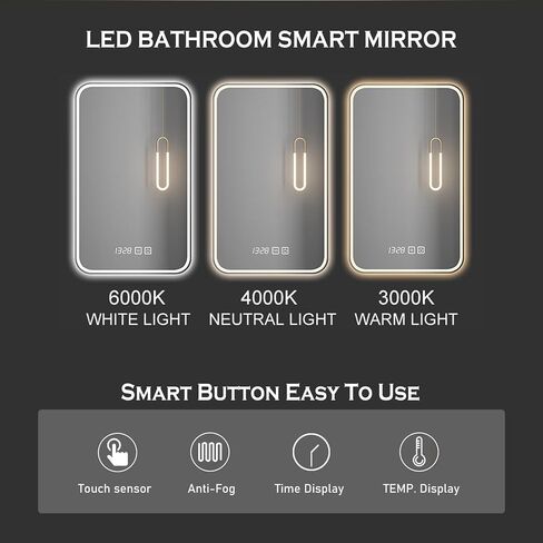 Led Bathroom Mirror Smart Mirror with Anti-Fog, Adjustable 3 Color3 Light, Wall Mounted Anti Fog Lighted Smart Vanity Mirror with Time & Temperature Display (20''x28'') in Saudi Arabia