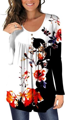 تونيك نسائي كاجوال من BeadChica للارتداء مع سراويل ضيقة وأكمام طويلة وبلوزات هنلي مزهرة بأزرار - قمصان مطبوعة -S in Kuwait