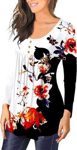 تونيك نسائي كاجوال من BeadChica للارتداء مع سراويل ضيقة وأكمام طويلة وبلوزات هنلي مزهرة بأزرار - قمصان مطبوعة -S in Kuwait