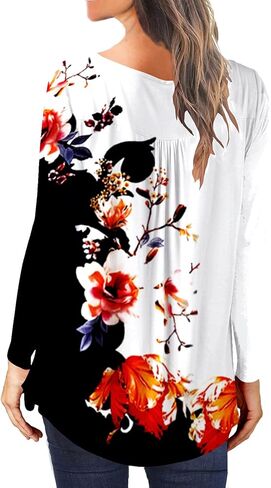 تونيك نسائي كاجوال من BeadChica للارتداء مع سراويل ضيقة وأكمام طويلة وبلوزات هنلي مزهرة بأزرار - قمصان مطبوعة -S in Kuwait