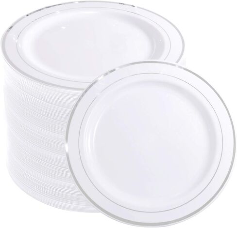 WELLIFE 72 Piece White Dinner Plates with Gold Rim, Gold Plastic Dinner Plates, Premium Heavy Duty 10.25 Inch Gold Party Plates, Elegant Fancy Dinner Plates for Weddings, Barbecues in Kuwait
