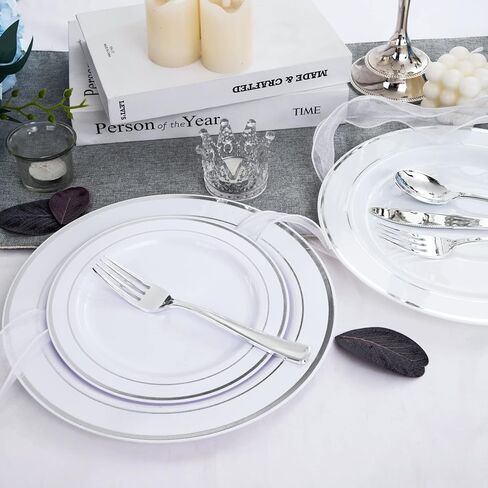 WELLIFE 72 Piece White Dinner Plates with Gold Rim, Gold Plastic Dinner Plates, Premium Heavy Duty 10.25 Inch Gold Party Plates, Elegant Fancy Dinner Plates for Weddings, Barbecues in Kuwait