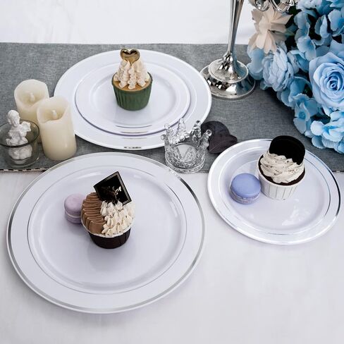 WELLIFE 72 Piece White Dinner Plates with Gold Rim, Gold Plastic Dinner Plates, Premium Heavy Duty 10.25 Inch Gold Party Plates, Elegant Fancy Dinner Plates for Weddings, Barbecues in Kuwait