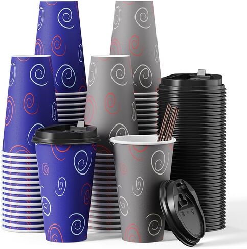 100 Pack 10 oz Paper Cups, Disposable Coffee Cups with Lids and Straws, Drinking Cups for Water, Coffee, Tea, Hot Coffee Cups for Home, Shops and Cafes in Saudi Arabia