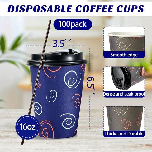 100 Pack 10 oz Paper Cups, Disposable Coffee Cups with Lids and Straws, Drinking Cups for Water, Coffee, Tea, Hot Coffee Cups for Home, Shops and Cafes in Saudi Arabia