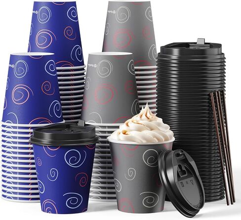 100 Pack 10 oz Paper Cups, Disposable Coffee Cups with Lids and Straws, Drinking Cups for Water, Coffee, Tea, Hot Coffee Cups for Home, Shops and Cafes in Saudi Arabia