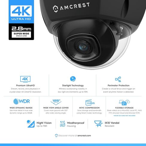 كاميرا Amcrest UltraHD 4K (8MP) للأمان الخارجي POE IP، رؤية ليلية 98 قدمًا، عدسة 2.8 مم، مقاومة للطقس IP67، قبة مقاومة للتخريب IK10، تسجيل MicroSD، أبيض (REP-IP8M-2493EW) (متجدد) in Kuwait