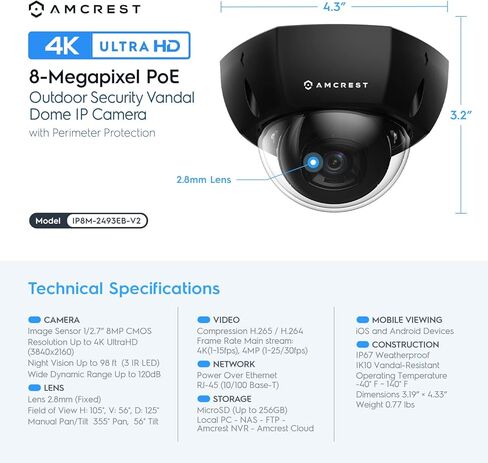 كاميرا Amcrest UltraHD 4K (8MP) للأمان الخارجي POE IP، رؤية ليلية 98 قدمًا، عدسة 2.8 مم، مقاومة للطقس IP67، قبة مقاومة للتخريب IK10، تسجيل MicroSD، أبيض (REP-IP8M-2493EW) (متجدد) in Kuwait