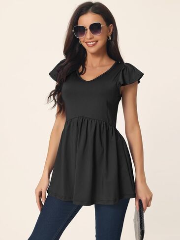 Women's Tunics T Shirt Ruffle Short Sleeve Flowy Hide Belly V Neck Babydoll Top in Saudi Arabia